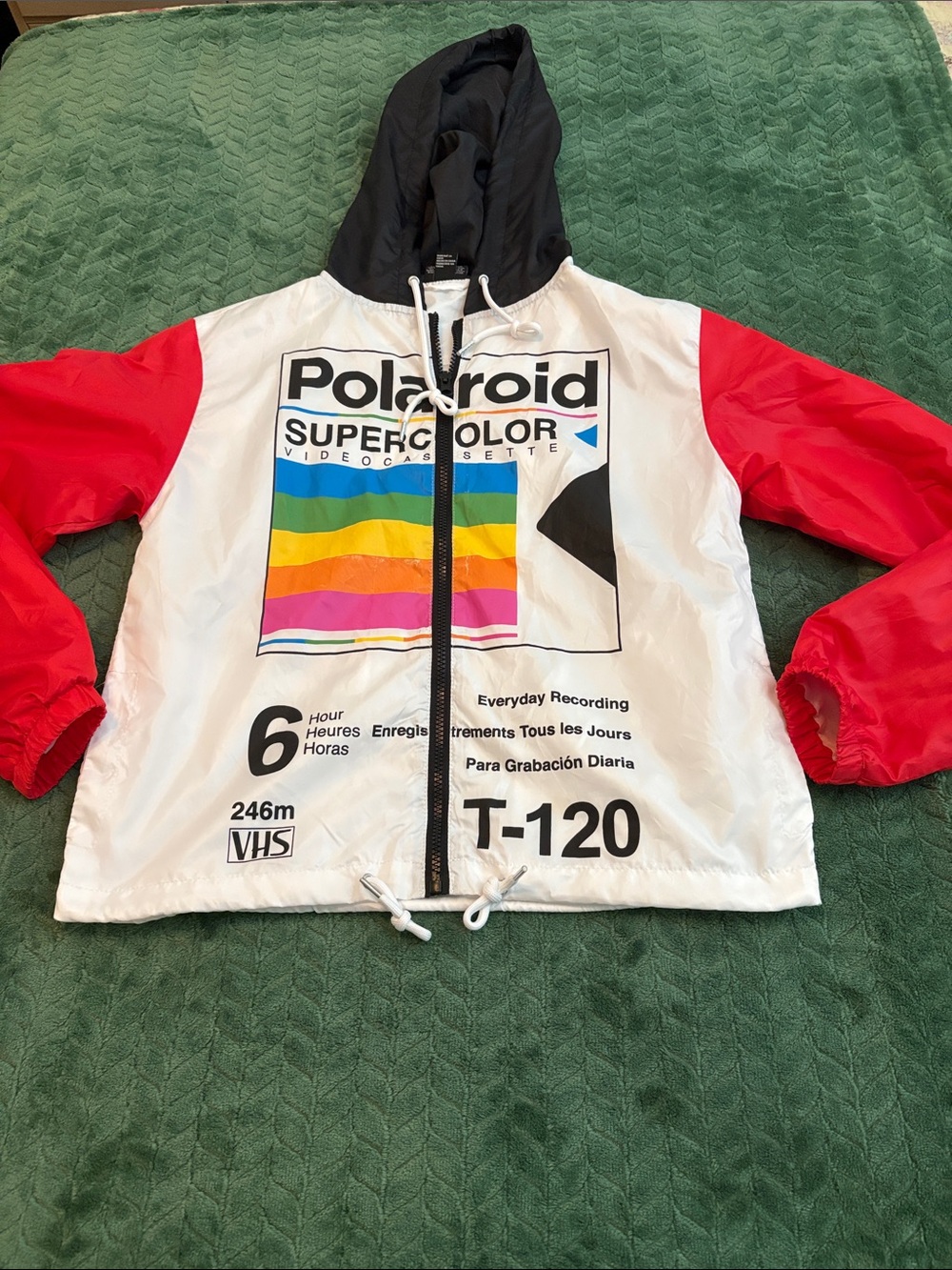 Polaroid Super Color VHS 120 Windbreaker Jacket Hooded Retro Rainbow Small